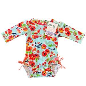 Ruffle Butts Painted Flowers Long Sleeve One-Piece Rashguard Swimsuit Size 0-3 M